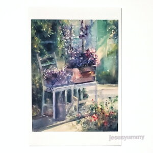 「La Campanula」 2021 Yumi Kohnoura作 オリジナル・ポストカード 絵はがき 葉書 絵画 カンパニュラ フランス シャンパーニュ 庭 風景【ネコポス対応】