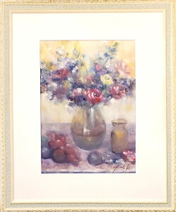 絵画 原画 「Secret de fleur」 水彩/パステル F4 アンティークグリーン 額付き お部屋に飾る絵 Yumi Kohnoura 神之浦由美 トルコキキョウ ルピナス スイートピー 静物画 花 4号