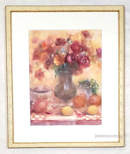 絵画 原画 「優しさを知る花」 水彩/パステル アンティーク ホワイト×ゴールド木製額・中抜きマット付き お部屋に飾る絵 Yumi Kohnoura 神之浦由美 静物画 F6 アネモネラナンキ