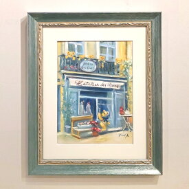 絵画　「クマ達のアトリエ」　水彩/パステル　原画　静物画　風景画　お部屋に飾る絵　アンティーク　ブルー×シルバー　フレーム　ヨーロピアンインテリア　額縁　Yumi Kohnoura　神之浦由美　テディベア　フランス　南仏　コートダジュール　作品　【現品限り】