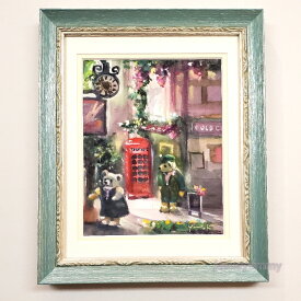 絵画　「rendezvous」　水彩/パステル　原画　お部屋に飾る絵　アンティークブルー×シルバー　ヨーロピアンインテリア　額　Yumi Kohnoura　神之浦由美　壁掛け　テディベア　ロンドン　イギリス　花【現品限り】