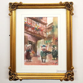 絵画　「Marching in Colmar」　水彩/パステル　原画　静物画　風景画　アンティークゴールド　ヨーロピアンインテリア　お部屋に飾る絵　額縁　Yumi Kohnoura　神之浦由美　壁掛け・卓上両用　フランス　コルマール　アルザス　テディベア　子ブタ　ドイツ　【現品限り】