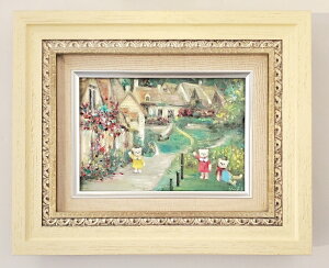 絵画 「クマ達のイングリッシュガーデン」 油彩画 油絵 原画 風景画 SM ヨーロピアンインテリア お部屋に飾る絵 木製 ホワイト 額縁付き Yumi Kohnoura 神之浦由美 イギリス