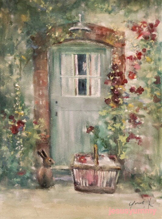 楽天市場】絵画 「野ウサギからの贈り物」 水彩/パステル 原画 F4 風景  