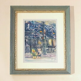 絵画　「Rendezvous in Blue」　水彩/パステル　原画　お部屋に飾る絵　ヨーロピアンインテリア　Yumi Kohnoura　神之浦由美　アンティークホワイト　額付　テディベア　フランス　パリ　レストラン　バー　風景　ランデブー　【現品限り】