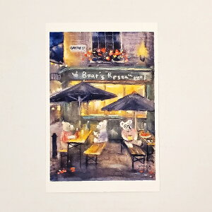 「クマ達のアフターファイブ」  Yumi Kohnoura作 オリジナル・ポストカード 絵はがき 葉書 絵画 クマ テディベア イギリス ロンドン 【ネコポス対応】