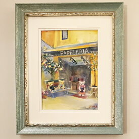 絵画　「クマ達のステーショナリーショップ」　水彩/パステル　原画　静物画　風景画　お部屋に飾る絵　アンティーク　ブルー×シルバー　フレーム　ヨーロピアンインテリア　額縁　Yumi Kohnoura　神之浦由美　テディベア　ブラジル　サンパウロ　作品　【現品限り】