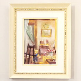 絵画　「クマ画伯のアトリエ」　水彩/パステル　原画　静物画　風景画　お部屋に飾る絵　アンティーク　ホワイト×シルバー　額付　ヨーロピアンインテリア　Yumi Kohnoura　神之浦由美　テディベア　作品　【現品限り】
