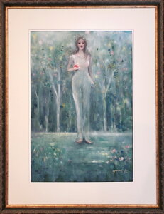 絵画 原画 「Eve」 水彩/パステル 53×36cm 大全紙 アンティークグリーン木製額付き Yumi Kohnoura 神之浦由美 人物画 美人画【現品限り】