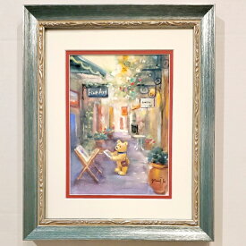 絵画　「クマ画伯のアトリエのある小路」　水彩/パステル　原画　プロヴァンス　風景画　お部屋に飾る絵　額付　Yumi Kohnoura　神之浦由美　テディベア　作品