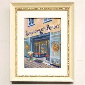 絵画　「クマ達のジュエリーショップ」　水彩/パステル　原画　静物画　風景画　お部屋に飾る絵　アンティーク　ホワイト×シルバー　額付　ヨーロピアンインテリア　Yumi Kohnoura　神之浦由美　テディベア　エストニア　タリン　アンバー　琥珀　作品　【現品限り】