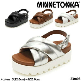 新作 正規品 送料無料 ミネトンカ　MINNETONKA　本革サンダル 23M03 ぷっくりクロスベルト 厚底　 ヒール約7cm