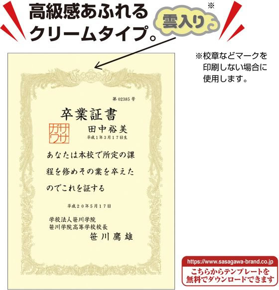 タカ印 OA賞状用紙 B5判 横書用 クリーム 100枚 10-1158