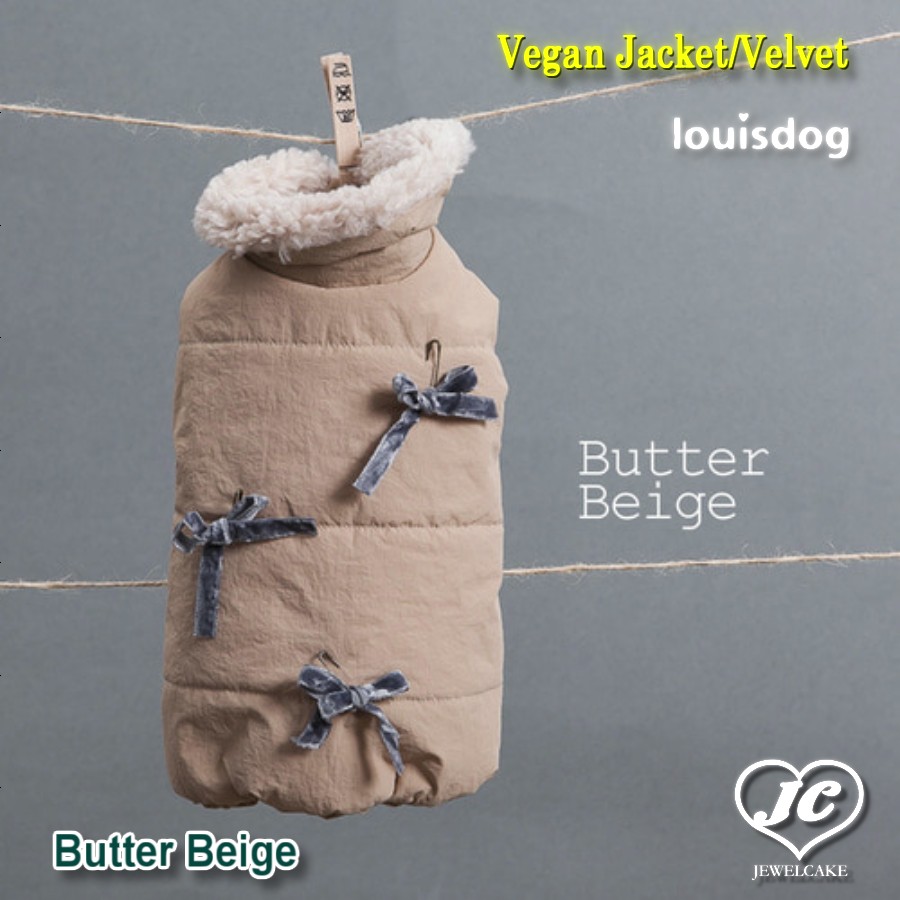 「3Mシンサレート」を使用したジャケット Vegan Jacket/Velvet(Butter Beige) ヴィーガン・ジャケット/ベルベット（バターベージュ） LOUISDOG ルイスドッグ 3M Thinsulate 通気性 軽量 暖かい ベルベットリボン 犬 服 ドッグウェア 犬用品 犬用 小型犬 中型犬 セレブ