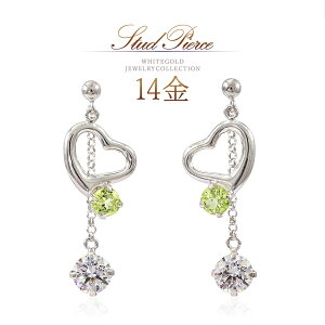 ハート ピアス k14 ホワイトゴールド ペリドット 8月誕生石 揺れるピアス 14金 ゴールド ハートモチーフ かわいい グリーン 緑 黄緑 14k K14WG 30代 40代 50代 大人可愛い お洒落 上品 レディース