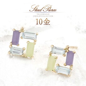 ピアス 可愛い 天然石 トパーズ ペリドット アイオライト 10金 ゴールド 10k k10 アクセサリー おしゃれ 30代 40代 50代 爽やか 四角 スクエアー 正方形 デザイン 天然 宝石 レディース 女性 8月 11月 3月 誕生石 K10YG ブルー 水色 黄緑 グリーン ご褒美 本物