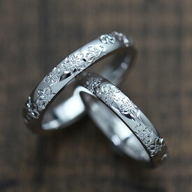 結婚指輪 ペアリング PT100 (プラチナ10％) ダイヤモンド 0.03ct 手彫り彫刻 桜 彼女 クリスマス マリッジリング