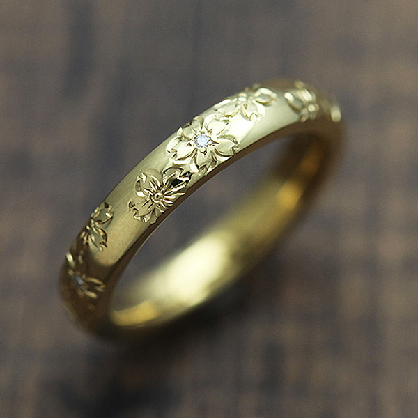 結婚指輪 K10YG ダイヤモンド 0.03ct イエローゴールド 手彫り彫刻 桜 マリッジリング レディースリング クリスマス 彼女
