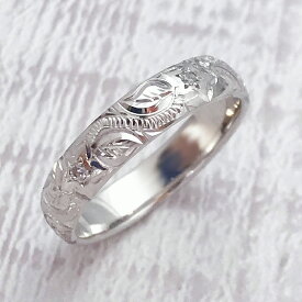 結婚指輪 K18 ホワイトゴールド レディース ハワイアンジュエリー ダイヤ 0.05ct プルメリア マイレ 花 葉 波 手彫り彫刻 ギフト プレゼント クリスマス 彼女