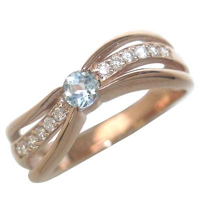 アクアマリン 3月誕生石 K18ピンクゴールドアクアマリン・ダイヤモンドリング（婚約指輪・エンゲージリング） 末広 