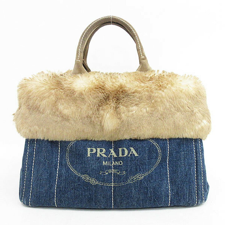 楽天市場】PRADA(プラダ) カナパ トートバッグ ファー 青 ブルー  