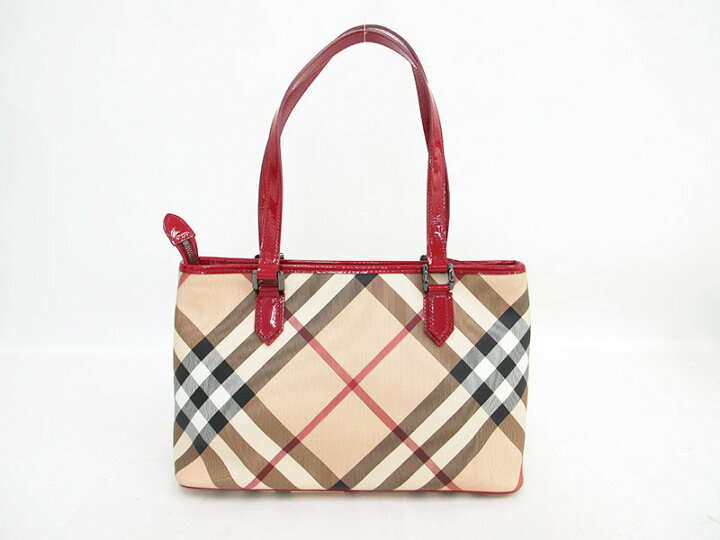 BURBERRY バーバリー ハンドバッグ レッド エナメル チェック パテント 