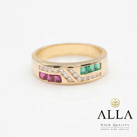 【中古】 デザインリング K18 ルビー 0.21ct エメラルド 0.15ct メレダイヤモンド 0.16ct SIクラス 12号 ゴールド 750 金 ラウンド アクセサリー 宝石 レディース 【磨き上げ済】