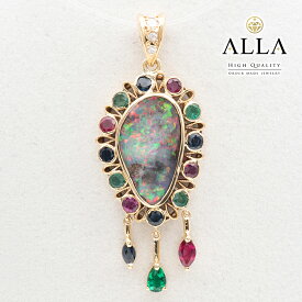 【中古】 ボルダーオパール ペンダント K18 オパール ルビー サファイア エメラルド ダイヤモンド 合計 4.95ct イエローゴールド 金 750 アクセサリー ジュエリー 宝石 レディース 【磨き上げ済】