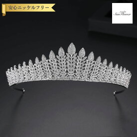 【ブライダルセレクト】 ティアラ キュービックジルコニア ホワイト 真鍮 シルバー 上品 エレガント 大人 おしゃれ きれいめ リーフ 葉 フォーマル ブライダル 結婚式 f19011008