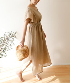 リネンルームワンピース 綿麻/麻100% 宅配便送料無料 日本製 | 夏用 ルームウェア パジャマ 外出 涼しい きれいめ スタイルアップ 綿 半袖 ロング 30代 40代 50代 ワンマイル ネグリジェ 部屋着 猛暑 ジュランジェ 夏