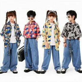 ダンス衣装 キッズ 男の子 女の子 セットアップ 上下セット 子供服 花柄シャツ アロハシャツ 夏 夏服 総柄 花柄 シャツ 半袖 開襟 レッ