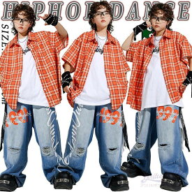 オレンジ チェック柄 シャツ キッズ ダンス衣装 セットアップ 女の子 男の子 ユニセックス衣装 半袖 お洒落 カジュアルシャツ トップス
