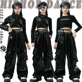 韓国 k-pop キッズ ダンス衣装 黒色系 PU レザー カーゴパンツ ジャケット jazz 女の子 上下セット 長袖 トップス ショート丈 へそ出し