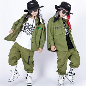 カーキ シャツ セットアップ キッズ ダンス衣装 緑シャツ カーゴパンツ 女の子 男の子 k-pop ジャズ 原宿系 子供服 ヒップホップ ストリ