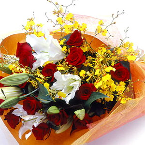 【色ミックス・ローズ・ユリ等・豪華な花束】お祝い・お誕生日・結婚お祝・出産お祝・開店お祝・結婚記念日・お礼・発表会・季節のお花・お返しプレゼント・成人式・バレンタイン・ホ