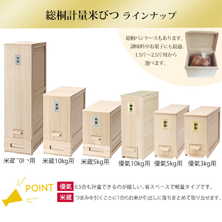 楽天市場】【クーポンあり】米びつ 10kg用 米蔵 桐製 計量 コンパクト 