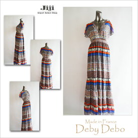 V開き小花＆ボーダーウエスト切り替えフランスロングワンピース★Deby Debo【フランス】【レディース】【PRICE DOWN】【数量限定80％OFF】{全国送料無料}インポートセレクト海外直輸入セレブ個性的高級