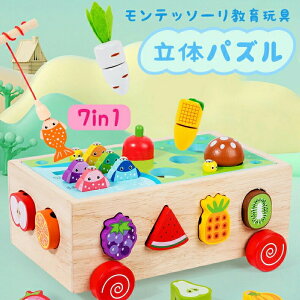 立体パズル 7in1 モンテッソーリ 教育玩具 型はめ 形合わせ はめ込み 指先を使う釣りおもちゃ 紐通しおもちゃ おままごとおもちゃもできる多機能木製おもちゃ 1 2 3 4歳知育玩具 ランキング