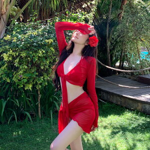 新作 ビキニ 水着 レディース セパレート 4点セット 長袖 日焼け止め 赤い リゾート 温泉