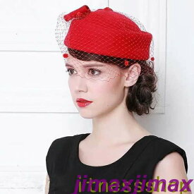 新品 レッド トーク帽 フォーマルウェディングヘッドドレス赤色 ブライダル 結婚式 髪飾り カクテル帽 シンプル ベール