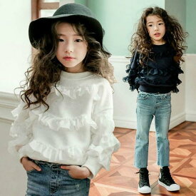 気楽 韓国こども服 春服 トップス フリルトップス 長袖トップス 女の子 Tシャツ フリル 無地 キッズ 子ども服 春 秋 冬 110 120 130 140 150 160トップス デザイントップス