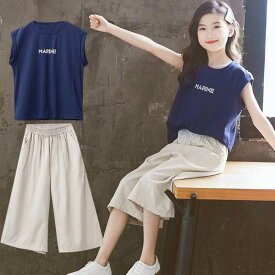 気楽 ネイビーセット 夏 2点セット 子供服 セットアップ キッズ 女の子 上下セット Tシャツ 無地 ノースリーブ ロングパンツ サロペット ジュニア おしゃれ 可愛い カジュアル 110-160