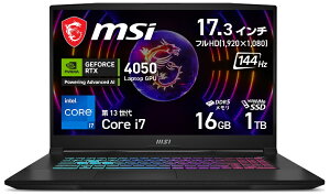 MSIbGGXAC Q[~Om[gp\R Katana 17 B13Vi17.3^/Windows 11 Home/Core i7/ 16GB/SSD 1TB/GeForce RTX 4050 /{zL[{[hjubN Katana-17-B13VEK-4339JP