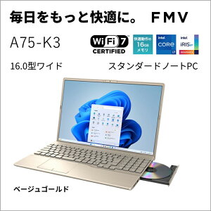 xmʁbFUJITSU m[gp\R A75-K3(16^/Windows11/Office/Core i7 1355U/ 16GB/SSD 256GB/DVD)x[WS[h Note A X^_[hm[gPC FMVA75K3GA