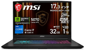 MSIbGGXAC Q[~Om[gp\R Katana 17 HX B14Wi17.3^/Windows 11 Home/Core i7 14650HX/ 32GB/SSD 1TB/GeForce RTX 5070/{zL[{[hjubN Katana-17-HX-B14WGK-6559JP