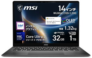 MSI�b�G���G�X�A�C 14�^ �m�[�g�p�\�R�� Prestige 14 AI+ D3M�iCore Ultra 7 355/������ 32GB/SSD 1TB/OLED/Office�j�v���`�i�O���C Prestige-14-AI+D3MG-2619JP