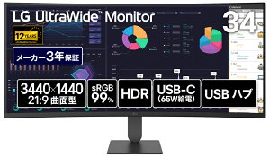 LG�G���N�g���j�N�X�b�G���W�[ �Q�[�~���O�t���f�B�X�v���C(34�^/�Ȗʌ^/VA/UWQHD 3440×1440/144Hz/HDR/HDMI/DP/USB Type-C/3�N�ۏ�) LG UltraWide Monitor 34U640B-B