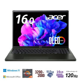 Acer｜エイサー 16.0型ノートパソコン Swift Edge（Ryzen5/ メモリ 16GB/ 512GB SSD/ Officeあり/OLED）オリビンブラック SFE16-43-A56YJ/KF