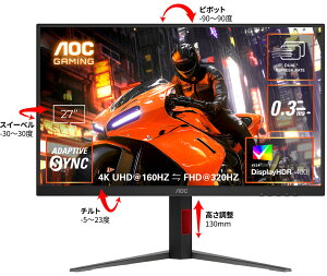 AOCbG[I[V[ Q[~OtfBXvC(27^/Fast IPS/4K 3840×2160/320Hz/1ms/HDR400/HDMI2.1/DP1.4/VESA)(ubN) U27G4/11