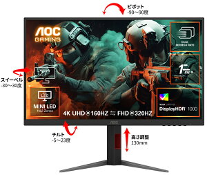 AOCbG[I[V[ Q[~OtfBXvC(27^/Fast IPS/4K 3840×2160/320Hz/1ms/HDR1000/HDMI2.1/DP1.4/VESA)(ubN) U27G4XM/11